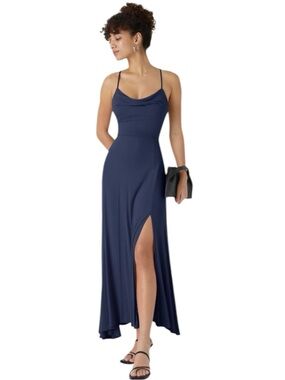 Halara Ribbed Cowl Neck Lace Up Maxi Dress in Nightfall Blue Size Medium